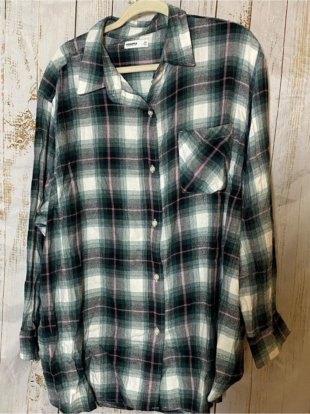 Sonoma Plus Size Green & White Plaid Button-Down Shirt with Pink Accents
